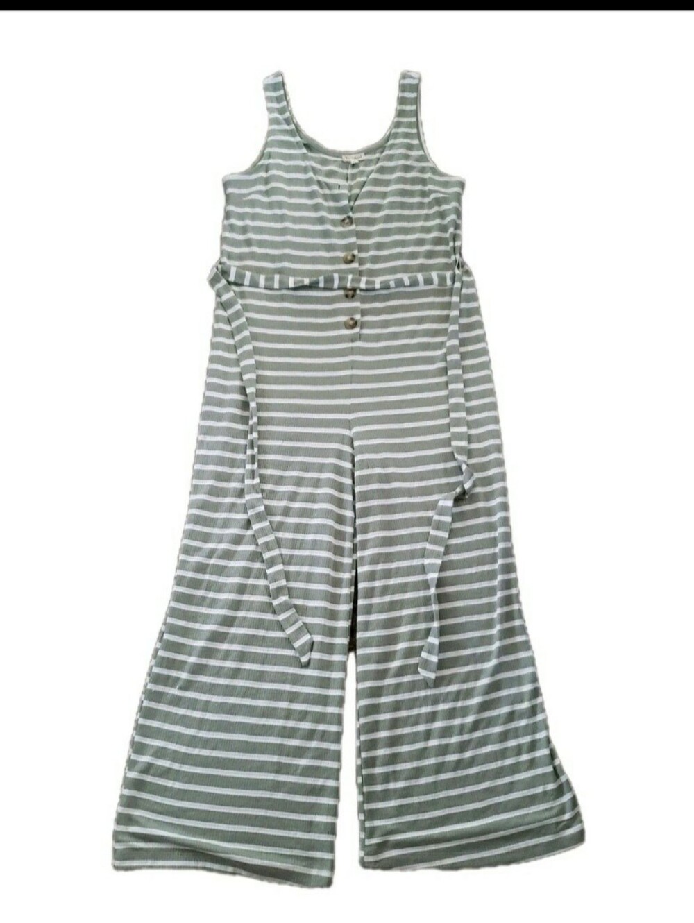 Hem & Thread Striped Wide Leg Jumpsuit Size L Sage Green White Casual Chic Boho